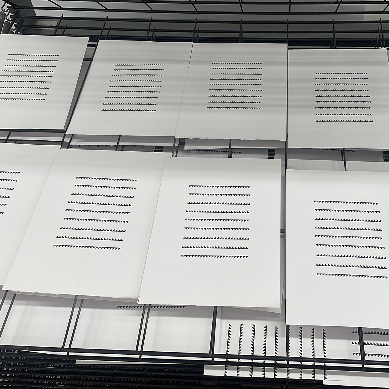 Prints in progress - 1 colour -  drying on racks