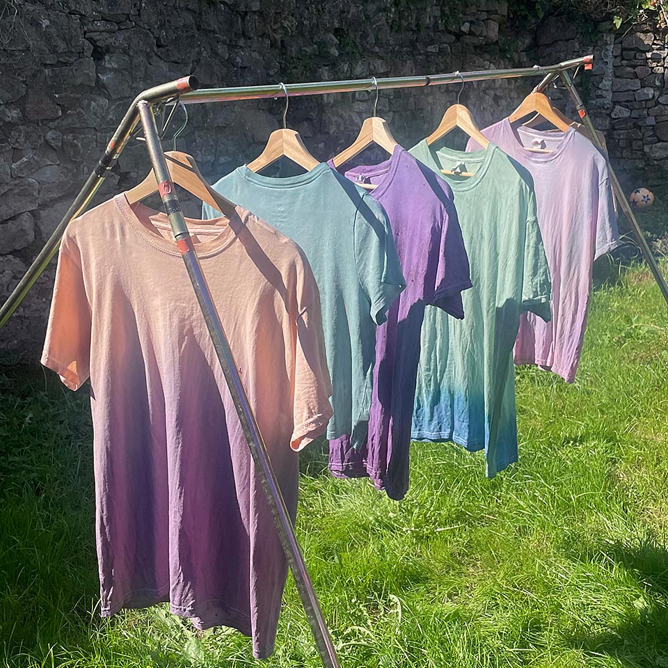 5 dyed t-shirts drying in the sun